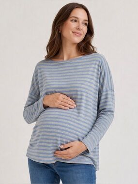 HATCH Blue Gray Striped Maternity Top Size 2 (Medium) Relaxed Fit Boat Neck